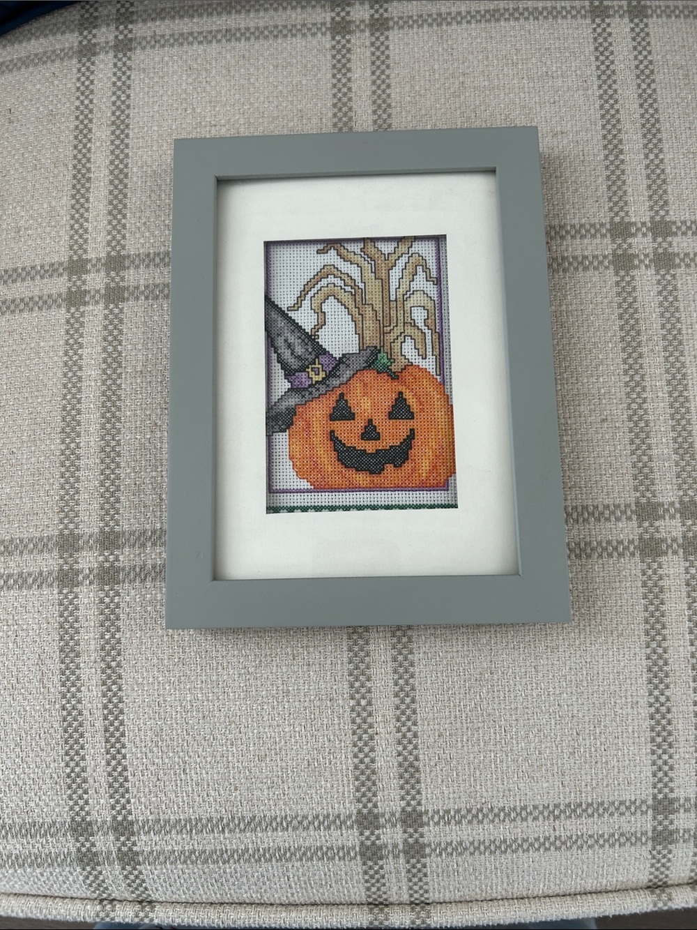 New Framed Cross-Stitch Jack-O'-Lantern Artwork - Orange Pumpkin